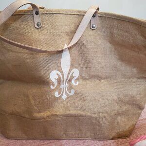 Ballard Designs Large Natural Jute Bag with leather handles